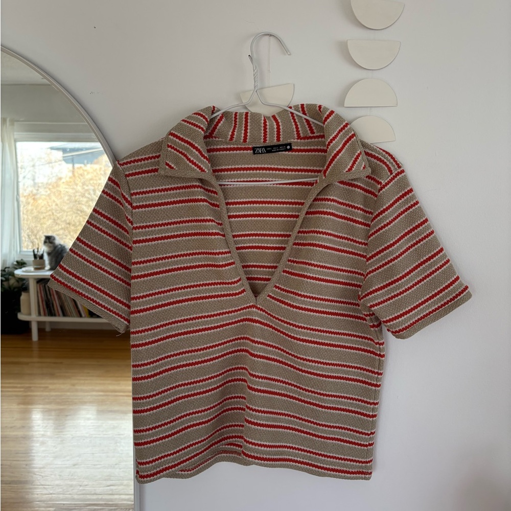 Zara Red and Beige Striped Women's Knit Top
